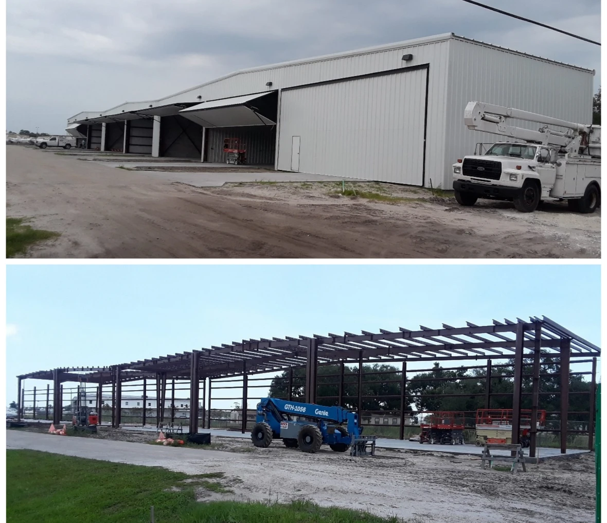 Building exterior with trucks